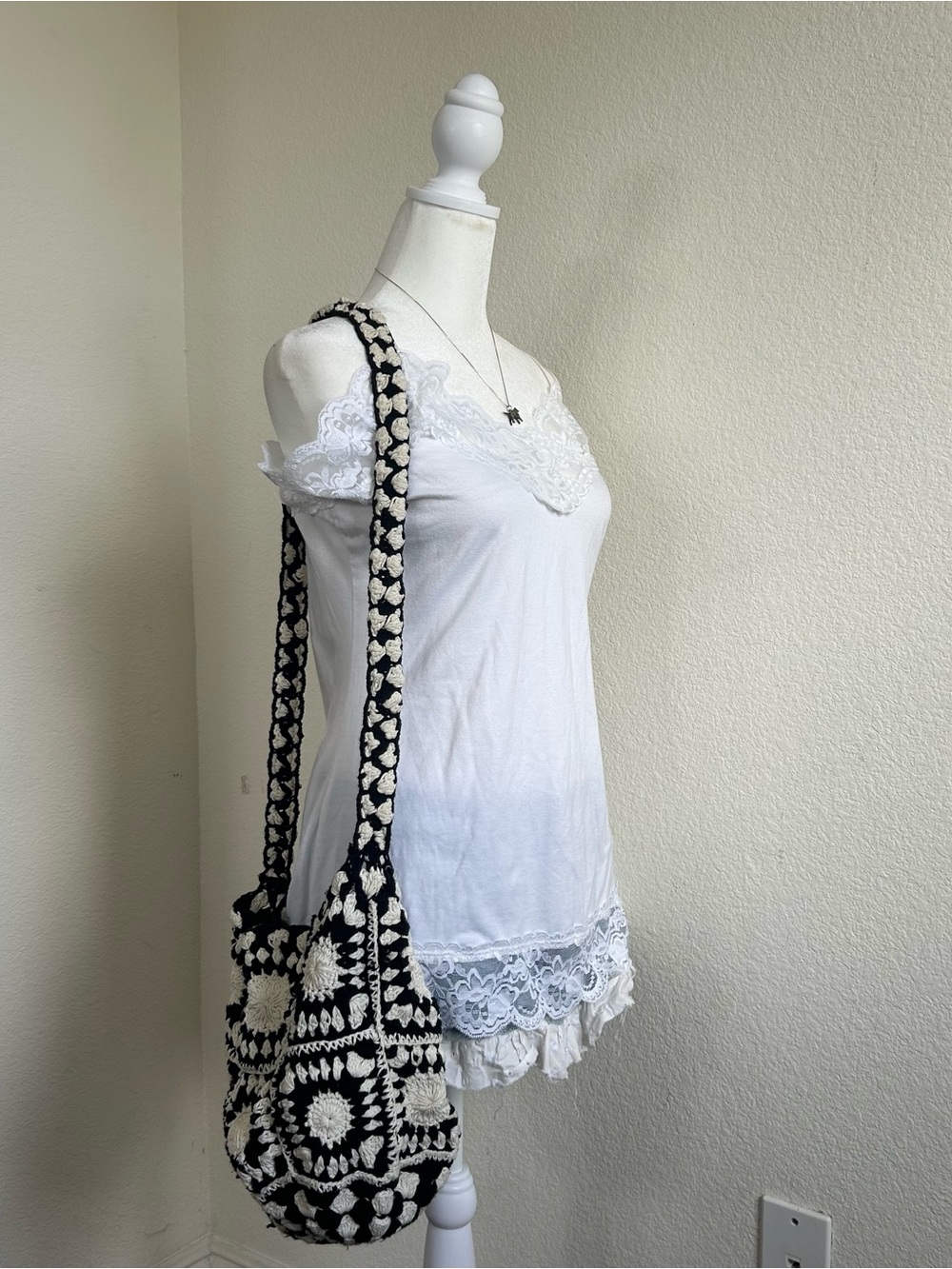 Urban Outfitters Crochet Granny Square Shoulder Bag Boho Black Cream